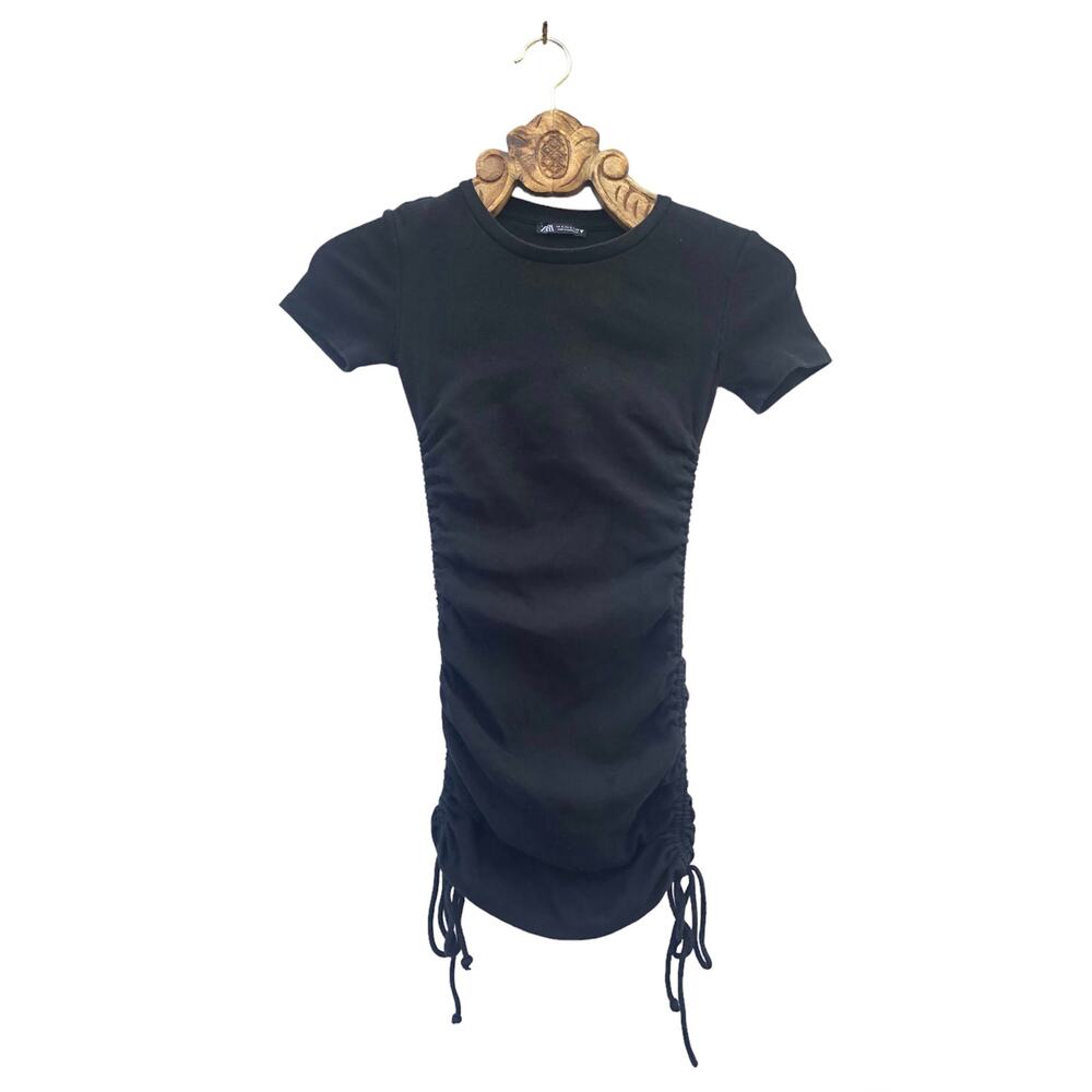 Zara Dress Rib Knit Cinch Side Crew Neck Short Sleeve T Shirt Mini Black Small